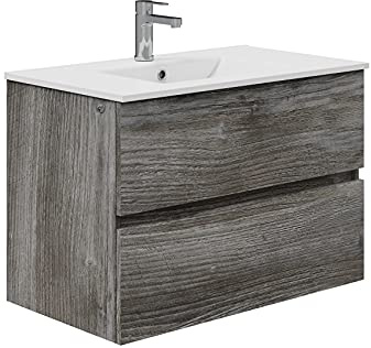 Baikal Mueble de Baño Dos cajones, suspendido a la Pared con Lavabo. Melamina 16. Mueble montado. Mueble de 80cm Vintage Sin Espejo