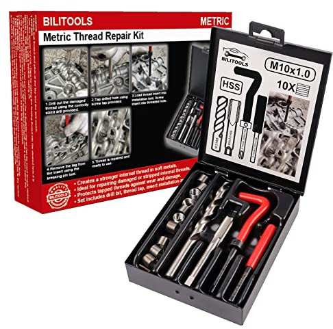BILITOOLS M10x1,0 Helicoil Gewindereparatursatz | Mit HSS-Bohrer, Einbauwerkzeug und Edelstahl Gewindeeinsätzen