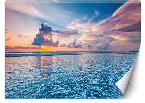 Feeby Fototapete Strand Sonnenuntergang Wellen 300x210 cm Blau XXL Vlies Wandtapete Tapeten Wohnzimmer Schlafzimmer Jugendzimmer Moderne Design Wandbild Wand Dekoration Meer Ozean Himmel Die Wolken
