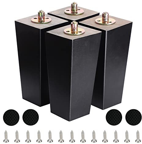 CtopoGo Lot de 4 Pieds de Meuble carrés en Bois Massif avec boulons pré-percés, vis et Coussinets en Caoutchouc. (8/ 20cm, Noir)