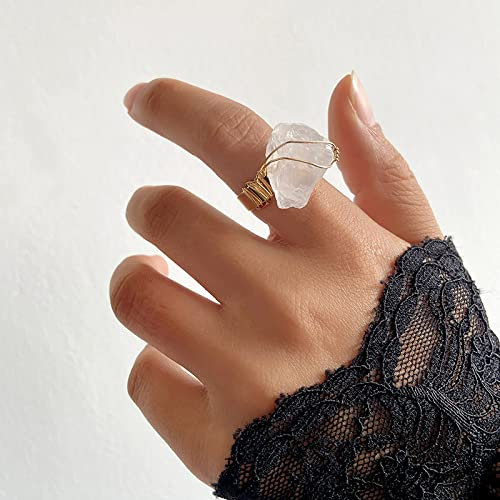 ASDFY Natürlicher Klarer Quarzring Unregelmäßiger Kristalldrahtwickel Breiter Ring Verstellbarer Offener Stein Der Frauen Ringe Reiki-Balance Knöchel-Finger-Ringe Ewigkeitsring Für Frauen, Mädchen,