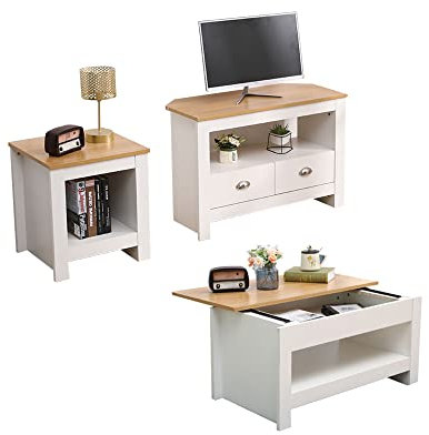 Homemade Deisgn FurnitureHMD Living Room 3 Piece Set TV Cabinet 2 Doors TV Stand Lift-up Top Coffee Table with Hidden Compartment Lamp Table Small Side Table (Set E)