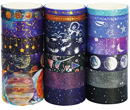 Grekywin 19 Rollen Washi Tape Set, 29/15/10/5 mm breit, Astronomie Planet Sterne Mond Universum, Gold Foli Masking Paper Tape Decor für Scrapbook, DIY Handwerk (2,5 m)