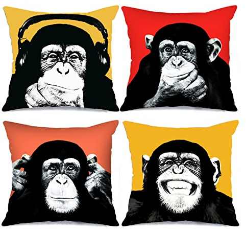 Tucocoo Monkey Pillow Covers Decorative 18 x 18 Inch 4 Pack Banksy Pop Art Colorful Pillow Covers Funny Gorilla Animal Cushion Cover Chimpanzee Square Decorations for Couch Sofa Gift