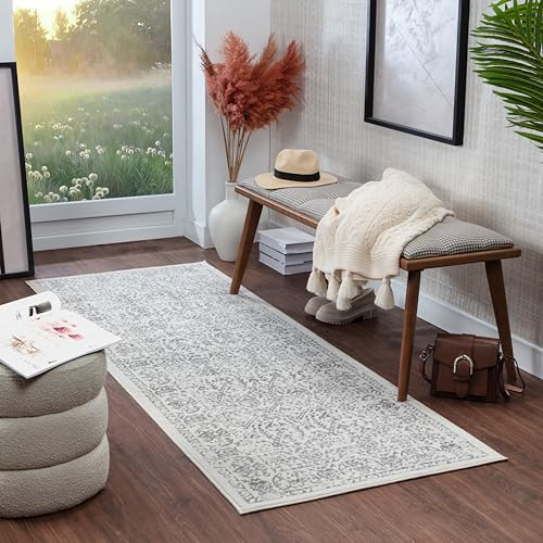 Livabliss Palermo Tappeto Vintage Tappeto per Soggiorno, Corridoio, Cucina Tappeti Salotto Classico, Orientale, leggera Manutenzione Pelo Corto, Grande, 80x150 cm Avorio e Grigio