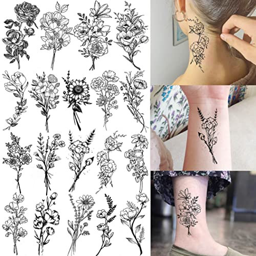 Shegazzi 19 Blätter Klein Schwarz Wild Blumen Temporäre Tattoos Frauen Mädchen Hals Arm, Sonnenblume Strauß Blume Blüte Fake Tattoo Aufkleber Erwachsene, Klebe Tattoos zum Aufkleben Damen Klebetattoos