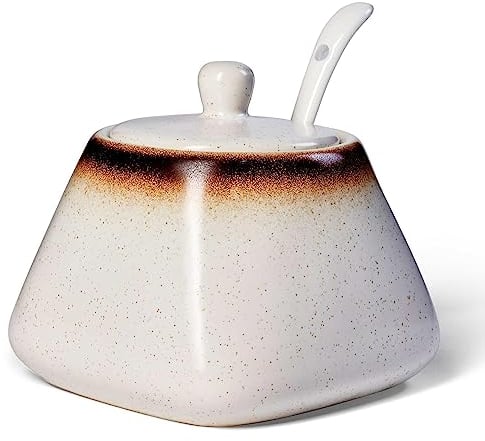 mehrido Zuckerdose mit Löffel, 430ml Keramik Salztopf mit Deckel und Löffel, Gewürzgläser Gewürzbehälter aus Porzellan für Küche, Haus, Kaffee Bar (White)