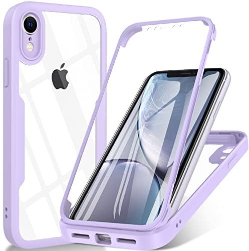 OWKEY for iPhone XR Case, [Military Grade Drop] 360° Full Body Silicone Rugged Bumper Case with Built-in Soft PET Screen Protector, Shoockproof Cover Phone Case for iPhone XR 6.1 inch, Purple