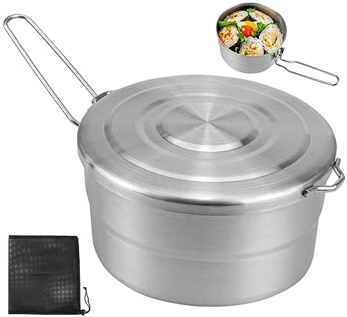 DOERDO Stainless Steel Camping Cook Pot with Lid and Folding Handle, 1.5L Camping Cookware Large Capacity Bento Pot for Outdoor Hiking Picnic