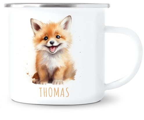Fuchs Emaille Tasse Kinder Trinkbecher personalisierte Kindertasse mit Namen süßer Kinderbecher für Mädchen & Jungen Geschenk Emaille Becher 300 ml