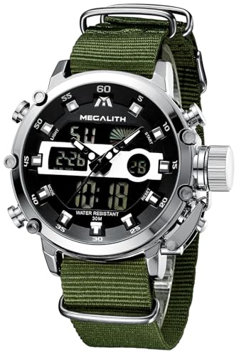 MEGALITH Orologio Uomo Digitale Militare - Sportivo Orologio da Polso Nylon Verde Quadrante Grande LED Orologi Analogico Digitali Impermeabile Allarme Cronometro Calendario - Regali da Uomo