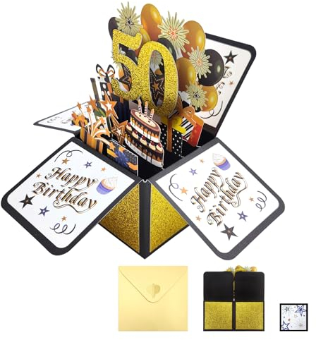 PAITOK 3D-Geburtstagskarte, Pop-Up-Geburtstagskarten, Geburtstagsgeschenke, Happy Birthday-Karte, Grußkarten mit Umschlag für Jungen, Mädchen, Männer, Frauen (Schwarz und Gold, 50. Geburtstag)