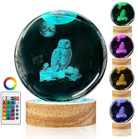 DCORIUNTG 3D Owl Crystal Ball Night Light with Remote Upgraded 3.15 in Owl Figurines Glass Ball Lamp with 16 Color Wooden LED Base Owl Snow Globes Decor Gifts for Kids Teens Women