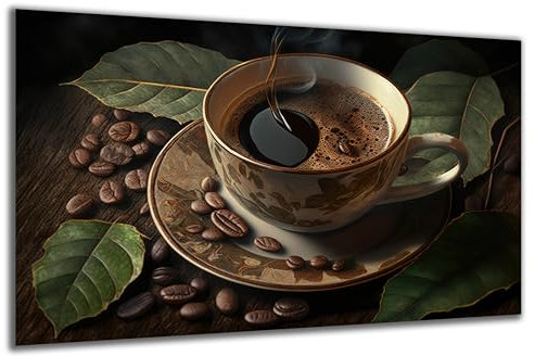 DARO Design - Wand-Bild auf 6mm HDF 84x56 cm Kaffee-Tasse Blätter - Wand-Deko Bilder Geschenk