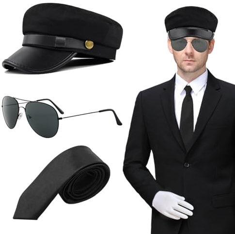 XNIVUIS Chauffeur-Kostüm-Zubehör, Fahrerkostüm, schwarzer Hut, Sonnenbrille, Fliege, Handschuhe, 1980er-Jahre, Gangster-Biker-Kostüm, Zubehör für Cosplay, Mottoparty (schwarz), 3 Stück