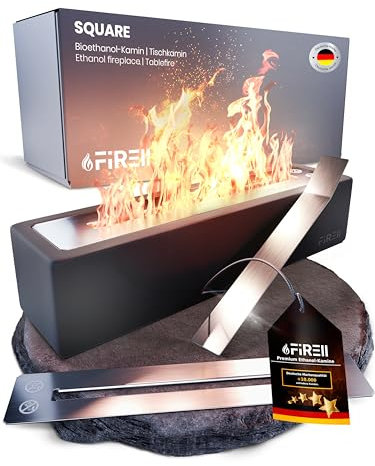 Firell Bioethanol Tischkamin aus Beton - Ethanol Tischfeuer Outdoor 36x10x8 cm - Kamin mit [3h] Brenndauer - Verstellbare Flamme - 4,2kg Sicheres Tisch Kamin Feuer für Garten Balkon Terasse [schwarz]