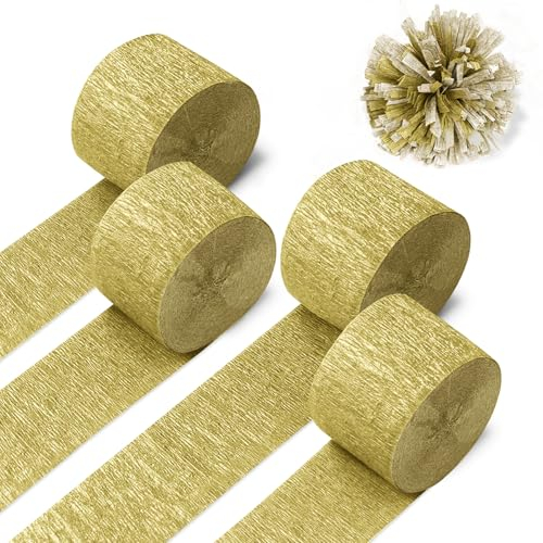 Larcenciel Krepppapier Gold, 4 Rollen 100m Crepe Papier, Metallisch Krepppapier für Geburtstag Jahrestag Weihnachten Neujahr Hochzeits Party Tabelle Kunst Papier Dekor (4,5cm x 25m/Rolle)