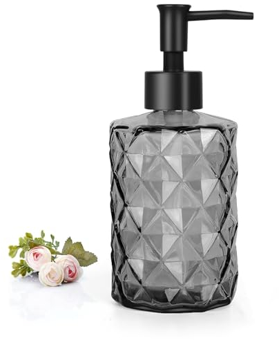 Glas Seifenspender Schwarz Pumpflasche,11oz Seifenspender mit Kunststoff Pumpkopf, Nachfüllbarer Handseifenspender für Küche Badezimmer 1 Stück, Duschgel Shampoo Spender, Seifenspender Set