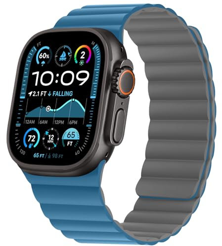 HITZEE Compatible con Correa Apple Watch 49/46/45/44/42/41/40/38mm, Correas Magnética Silicona Suave Compatible para iWatch Ultra 2 Serie 10 9 8 7 SE 6 5 4 3 (42/44/45/46/49, Azul/Gris)