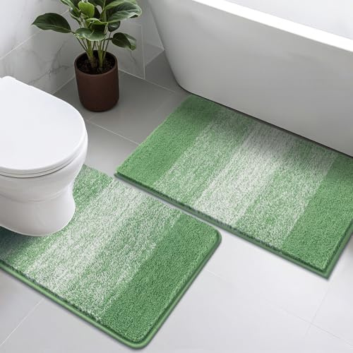Enyhom Bath Mat Sets 2 Piece, Microfibre Non Slip Green Bathroom Mat Set, Absorbent Bathroom Rug Soft Toilet Mats, Machine Washable Quick Dry Bath Rug Pedestal Mat for Toilet, 50x80+U50x60cm