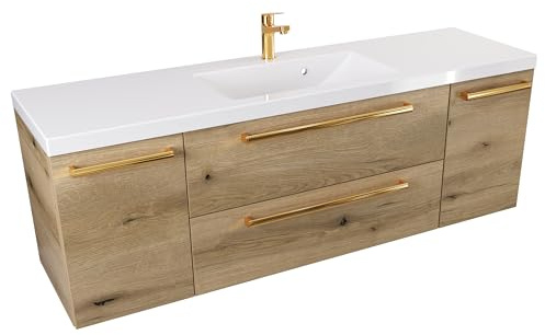 Furni Badezimmer-Waschtischunterschrank 140 cm D ATH DC - Mattes Holzdekor - Polierter Goldgriff