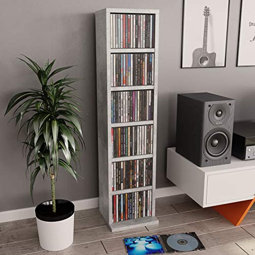 Homgoday CD Cabinet Concrete Grey 21 x 20 x 88 cm Engineered Wood CD Tower with 6 Open Compartments Storage Unit CD and DVD Shelf for Living Room, Bedroom, Office