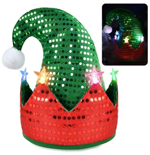 Wichtelmütze LED Elfenmütze Weihnachtself Mütze mit Licht Elfenhut Wichtel Mütze für Weihnachtsfeiern, Rollenspiele, Bühnenaufführung