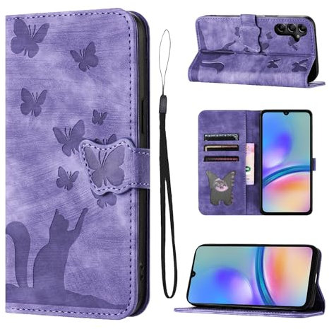 LSPCASA Handyhülle für Samsung Galaxy A05S 6,7 Zoll PU Premium Lederhülle mit Standfunktion Kartenfächern Klappbar Flip Case Schmetterlingsmuster Schutzhülle für Samsung Galaxy A05S-Lila
