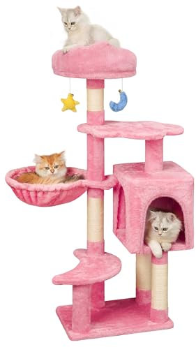 Meecal Cloud Cat Tree with Cat Condo for Indoor Cats, 43 Cute Cat Tower with Scratching Post, Cozy Hammock, Unique Perch, Dangling Toy, Cat Tree House with Large Padded Bed, Pink
