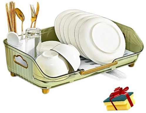 Escurridor de platos de plástico verde con escurridor para encimera de cocina, organizador de platos grande, 17 pulgadas de largo x 11 pulgadas de ancho x 6 pulgadas de alto