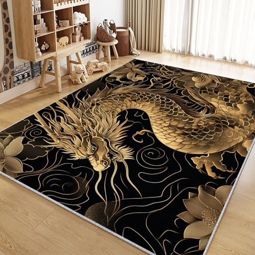 Générique Tapis de Chambre 80x150cm Dragon Chinois Doré Fleur De Lotus Tapis Salon Poils Courts, Motif 3D, Haute densité de Poils et agréablement Doux Tapis de Balcon Terrasse et Couloir