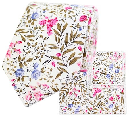 THE GENTS LAB Juego de corbata para el cuello y pañuelo de bolsillo 100% algodón con estampado floral y extremo de diamante, Rosa fucsia, Length: 145cm Width: 6cm