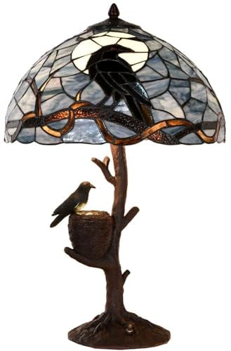 Bieye L30968 Tischlampe aus Buntglas im Tiffany-Stil, Rabe sitzt auf kahlem Ast in Vollmondnacht für die Inneneinrichtung, Dunkelblau, 16Bx24H