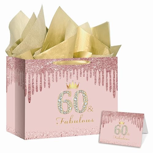 RDKOEAKEL Roségoldene Geschenktüte zum 60. Geburtstag für Frauen - Große rosa Geschenktüte mit Geschenkpapier & Karte - Perfekt für 60. Geburtstag Party, 60 & fabelhafte Dekorationen und Partyzubehör
