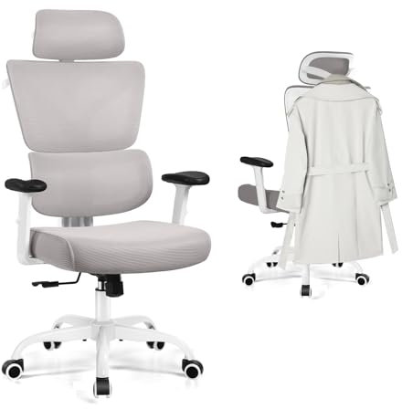 PEAKLIMB Bürostuhl Ergonomisch, Schreibtischstuhl mit Verstellbarer Kopfstütze Chefsessel Bürostuhl mit Lendenwirbelstütze und 3D Armlehnen, bürostuhl ergonomisch testsieger Computer Chair, grau