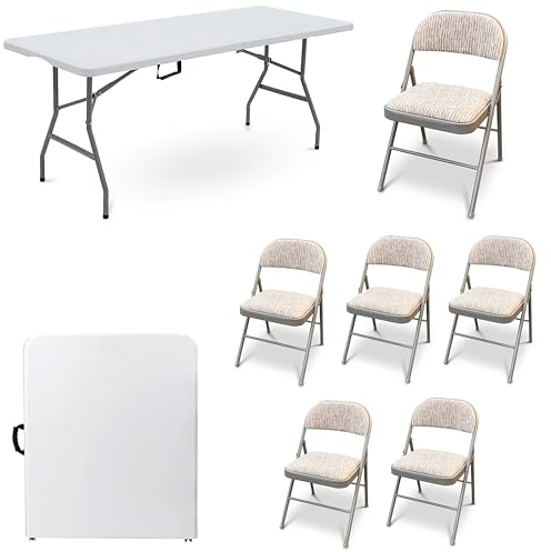 Crystals White Folding Table with Deluxe Fabric Padded Metal Folding Chairs - Folding Camping Chair & Table Set, Outdoor, Dining, Trestle, Portable Furniture (5ft Table with 6 Chairs)