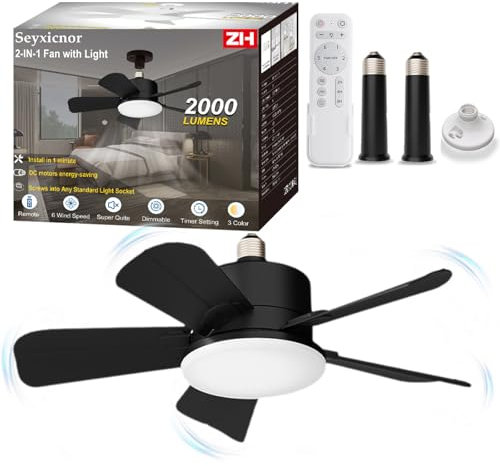 Seyxicnor Socket Ceiling Fans Light with Remote, Screw in Ceiling Fan 2000LM, 6 Wind Speeds, 3 Colour Dimmable, Quiet Light Bulb Fan with Extender Rods for Bedroom, Kitchen, Garage,Bathroom