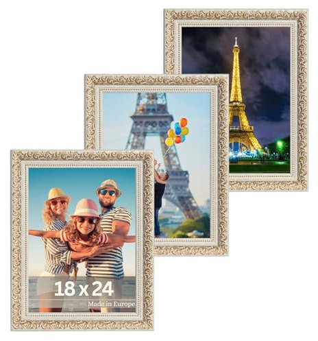 VictoR vintage Bilderrahmen „Rubens“ 3er Set in 18x24 cm beige gold | Leiste: 30x20mm - Echtglas - Fotorahmen barock - antik - Bilderrahmen Set 18x24 vintage