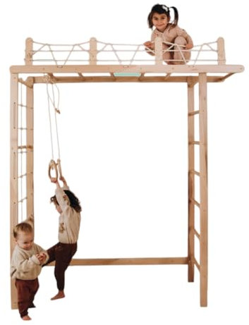 WoodandHearts Indoor Climbing Frame, Climbing Wall, Kids Gymnastics Bar, Swedish Ladder in White+Natural Wood Color (Gymnastic rings Natural wood)