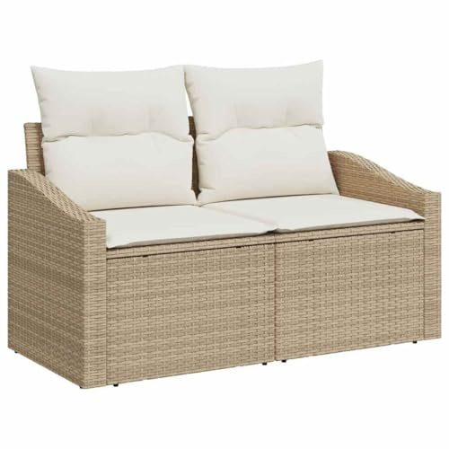 vidaXL Outdoor 2-Sitzer Gartenbank mit Kissen, Beige, Poly-Rattan, wetterfest, Bequeme Sitzgelegenheit, ideal für Terrasse, Patio, Lounge, Couch, modernes Deck