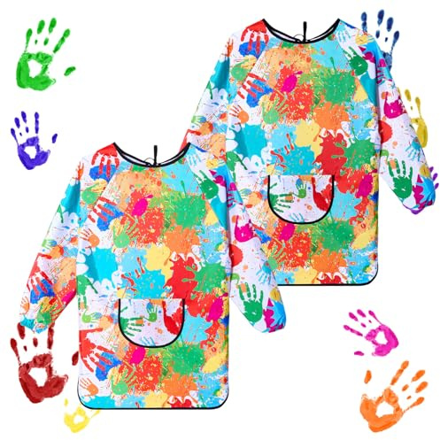 COSBERY 2Pcs Kids Painting Apron for Age 7-12 Years, Waterproof Children's Art Craft Aprons with Large Pockets, Long Sleeve for Painting,Cooking,Eating, Lovely and Colourful Smocks