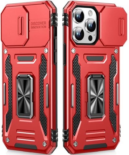 OLHAOMAO Hülle für iPhone 13 Pro Max Ultra mit 360°-Drehständer,[Magnetischer Ringständer][Schiebebare Kameraabdeckung] Militärische Objektivschutzhülle für 13 Pro Max 6,7,Rot