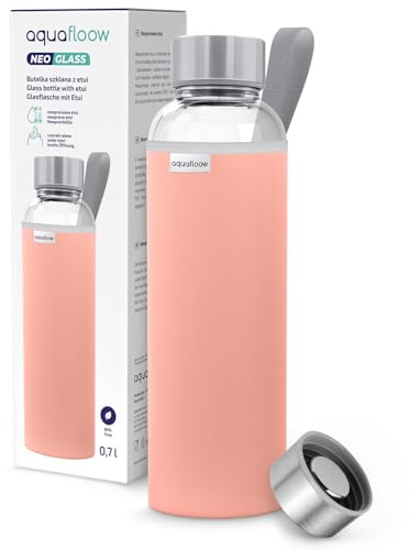 Aquafloow Borraccia con Custodia 700 ml, in Vetro borraccia acqua Borosilicato Trasparente con Coperchio Protettivo e Tappo a Vite,I Ideale per Lavoro, Scuola, Fitnes – Rose