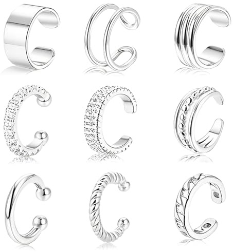 FAINCA 9 Pièces Faux Piercing Oreille Réglable Ear Cuff Boucle d'Oreille Clip Boucle Oreille Sans Trou Design Minimaliste Earcuff Femme Finition Lisse pour Fêtes Mariages Vie Quotidienne (Argenté)