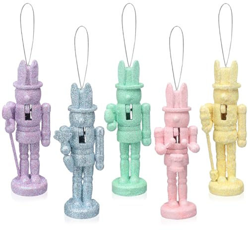 Bucherry 5 Pcs Easter Nutcracker 5 Inch Wooden Easter Nutcracker Figures Decorations, Pastel Bunny Table Sign for Spring Home Desktop Fireplace Collectible Gifts