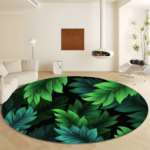 Vector Illustration Plant Palm Leaves Large Round Rugs Diameter 160 cm, Green Non-Slip Non-Shedding Area Rug - Machine Washable Soft Short Pile Circle Carpet for Living Room Bedroom Decor