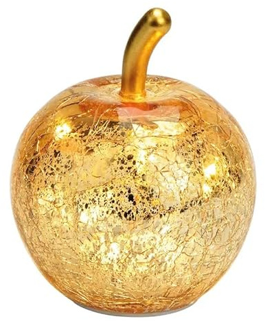 Seyila Home Dekorative Glas Apfel Leuchte mit LED Beleuchtung und Timer (unten), Crackle-Effekt Glas, Goldener Stiel, Weihnachtsdeko, Lampe (Gold, 22 cm)