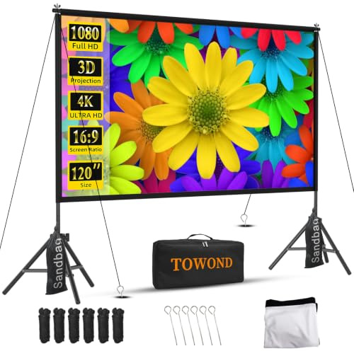 TOWOND 120 Inch Projector Screen and Stand, 16:9 HD Portable Adjustable Indoor Outdoor Projection Screen, Front and Rear Projection, Carry Bag Included for Home, Garden & Camping