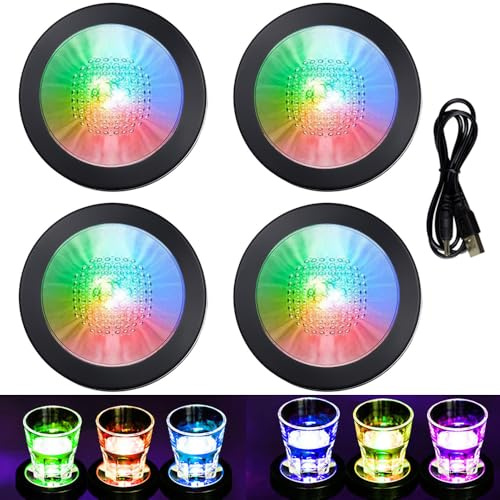 DINOWIN 4er-Set LED-Getränkeuntersätze, USB-aufgeladen, mit Schwerkraftsensor, für Gläser, Getränke, Cocktails, Bier, Bar, Restaurant, Club (Schwarzes Gehäuse, buntes Licht)