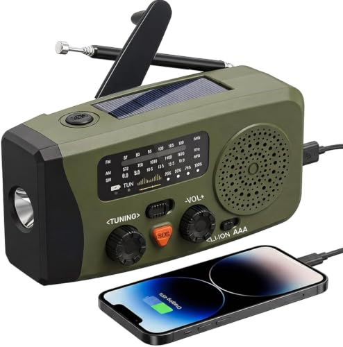 Radio Portátil, FM/Am Radio Emergencia con Solar Recargable Radios de Dinamo con Manivela con Linterna LED y Luz de Lectura 2000mAh Powerbank SOS USB de Camping al Aire Libre Kit Supervivencia, RD2
